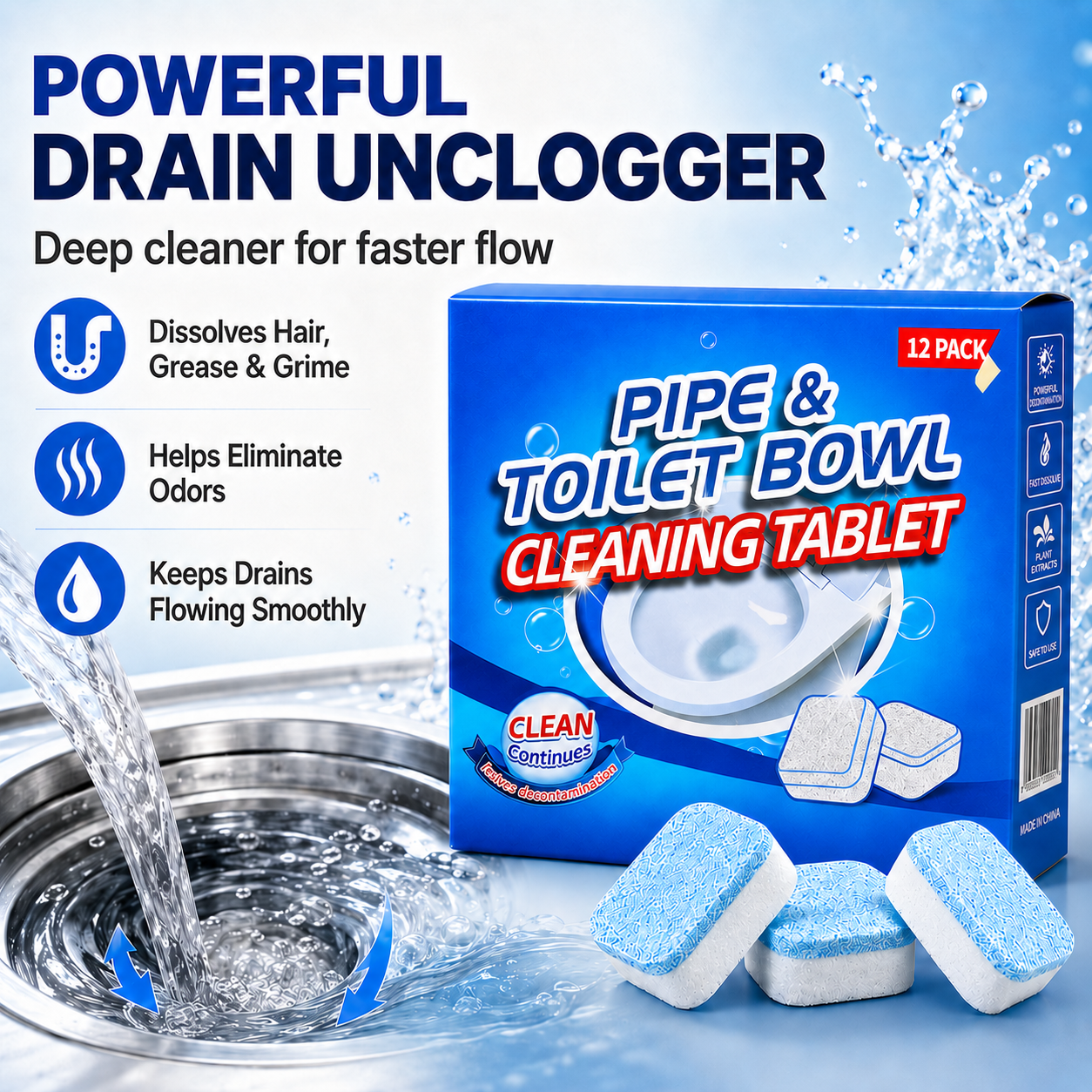 🔥 FINAL 3 HOURS💥🫧Drain Cleaning Tablets 12 Pack For Sinks, Showers & Washing Machines